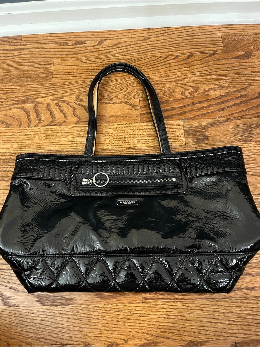 Coach Poppy Daisy Liquid Glass Black Patent Leather Tote Shoulder Bag #18674